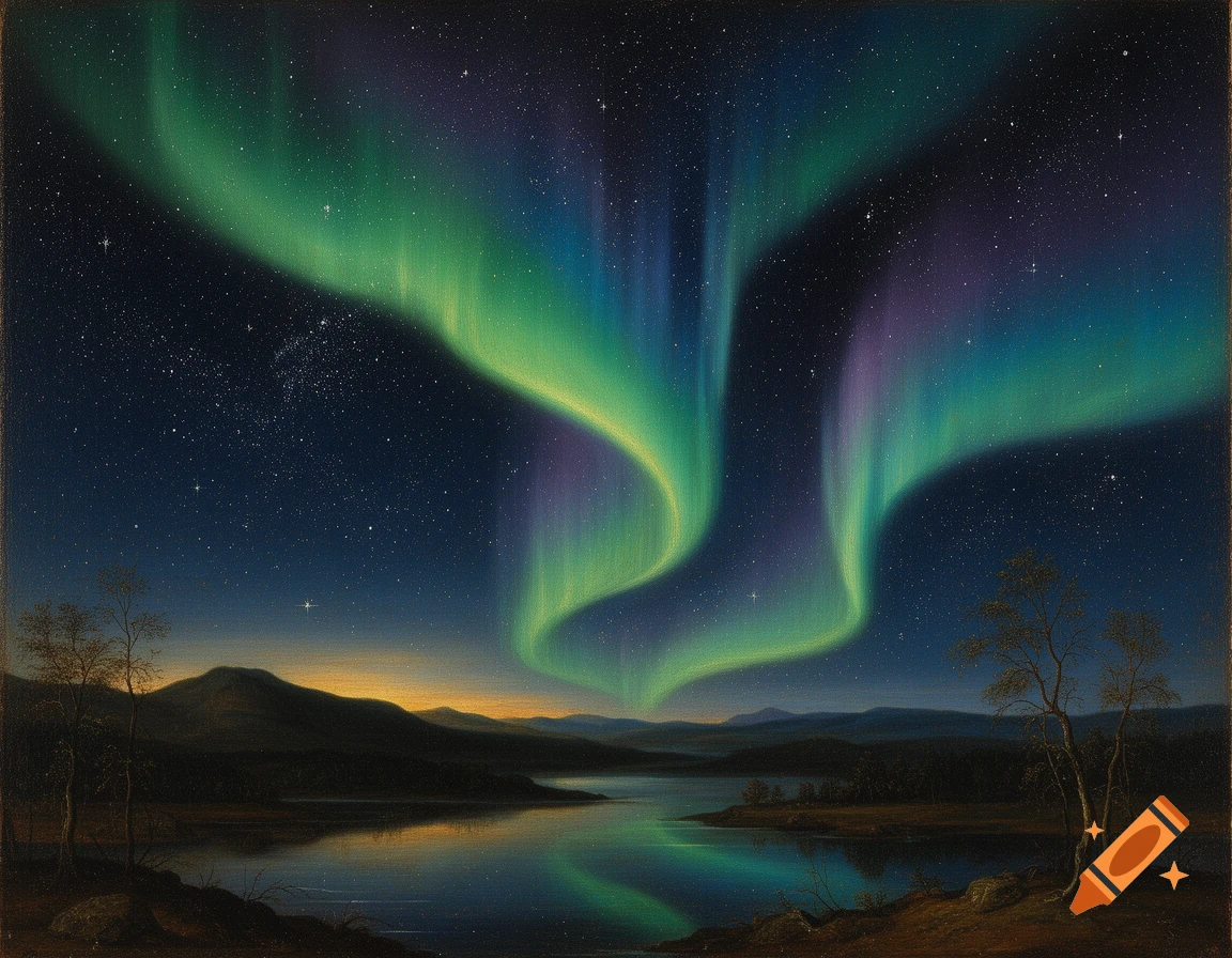 Flemish painting style landscape of a river and mountains under a vibrant green and purple aurora borealis and starry night sky.