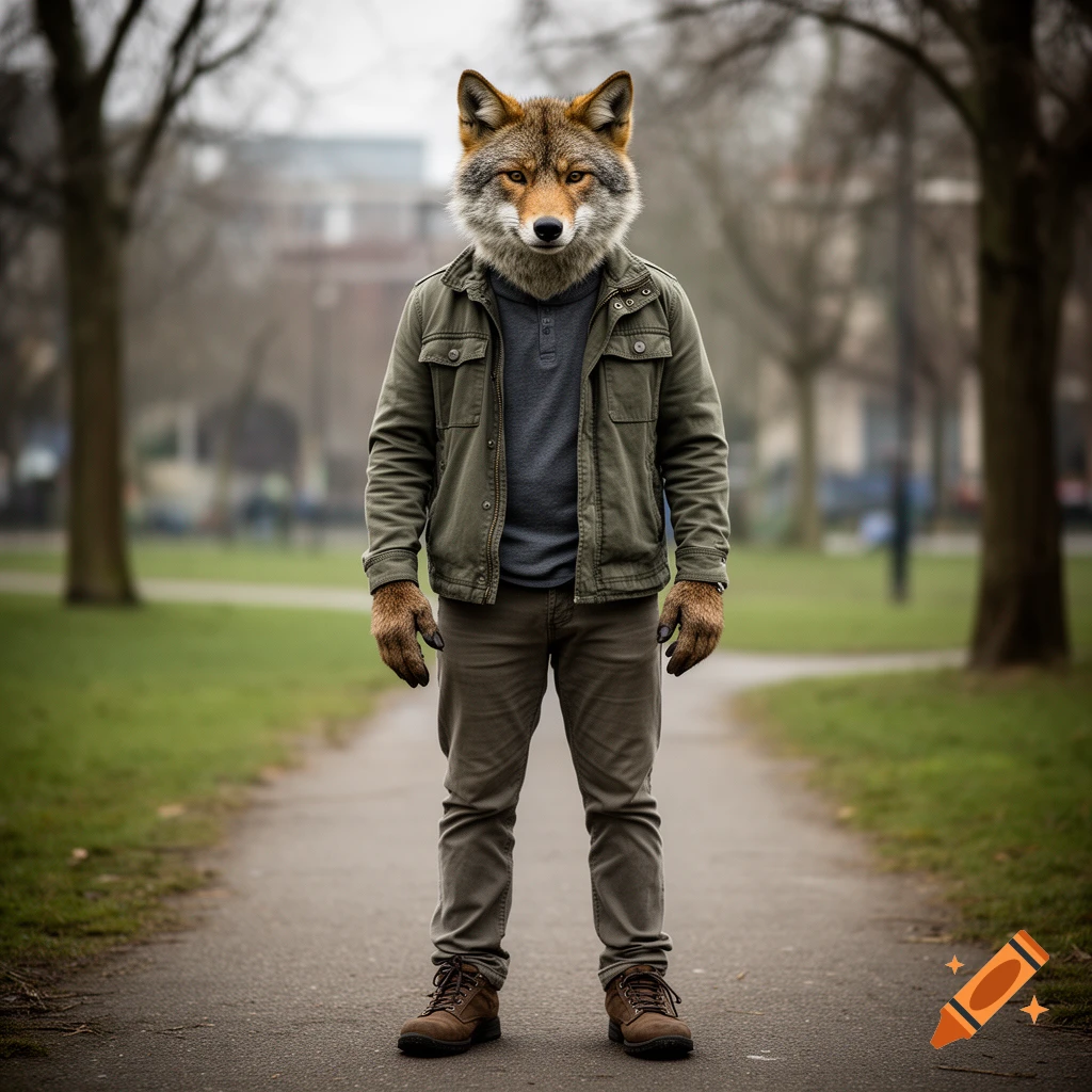An anthropomorphic coyote with a realistic head and human body standing on a park path, wearing a jacket and trousers. Photorealistic.
