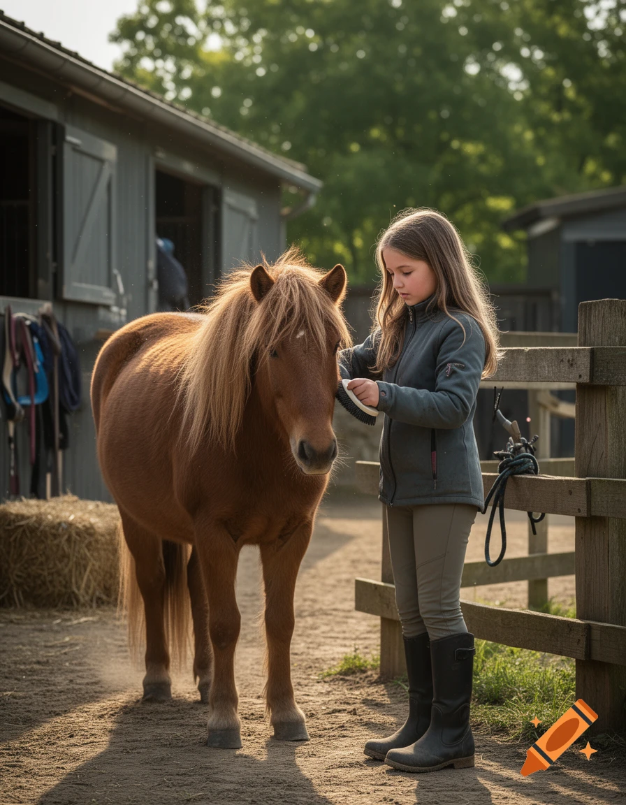 Photorealistic image of a young girl brushing a brown pony in front of a stable.