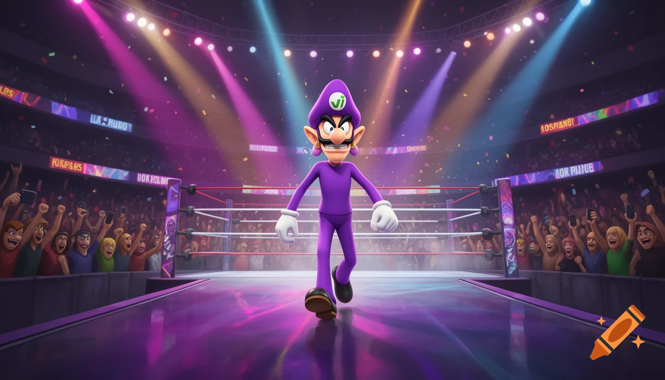 Waluigi walking down a ramp into a brightly lit wrestling arena with cheering crowds in the background.