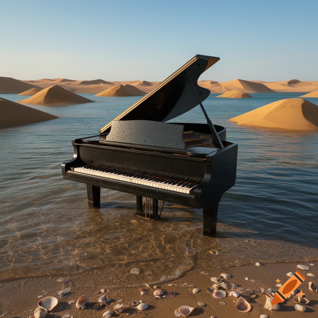 A photorealistic grand piano sitting in shallow ocean water with sand dunes in the background under a clear blue sky.