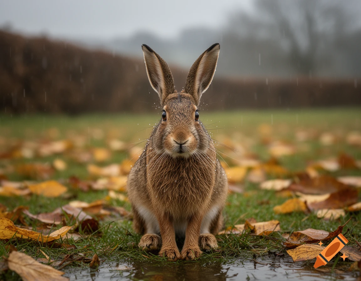 Photorealistic image of a brown hare sitting in a grassy field with fallen autumn leaves during a light rain.