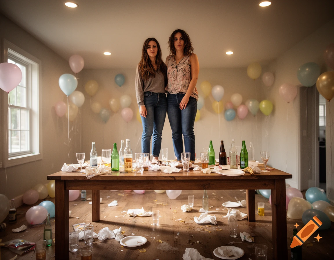 Two young women standing on a wooden table in a room filled with party debris, empty bottles, and colorful balloons, photorealistic.