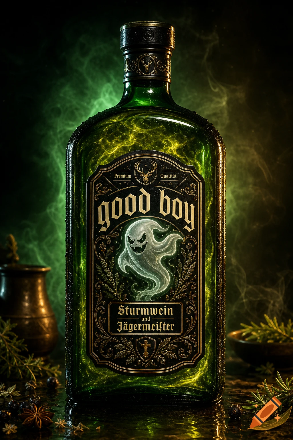 Photorealistic green glass bottle labeled 'good boy' with a ghost graphic and 'Sturmwein und Jägermeister' text, surrounded by herbs.