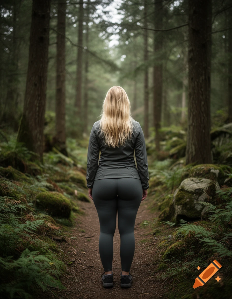 Photorealistic rear view of a blonde woman standing on a path in a dense green forest.