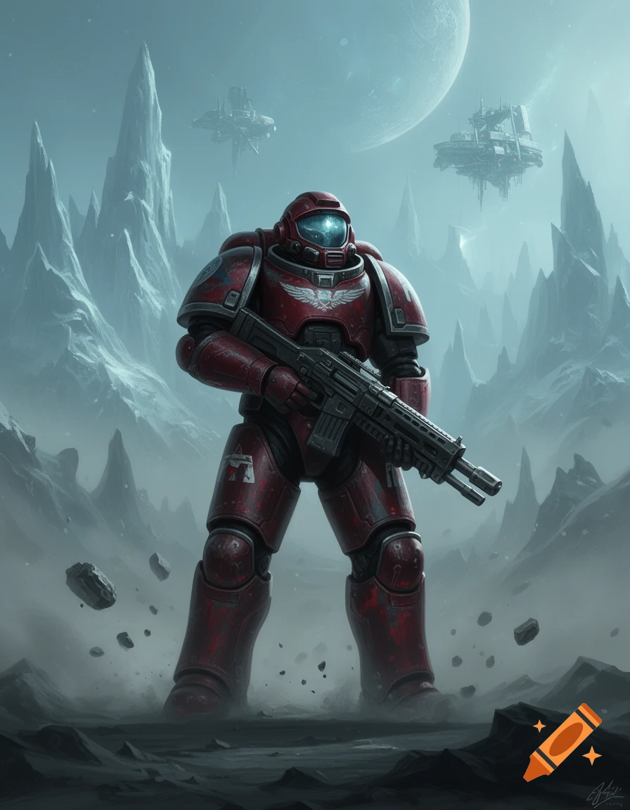A heavily armored red space marine holding a rifle on a desolate, snowy alien planet with floating structures in the background.