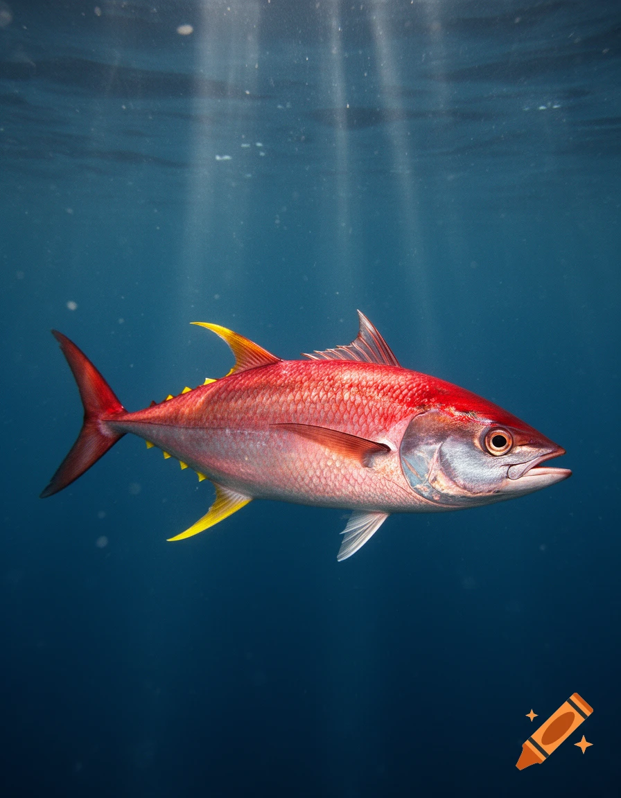 Photorealistic image of a colorful fish with a red body and yellow fins swimming underwater in deep blue sea with sun rays.