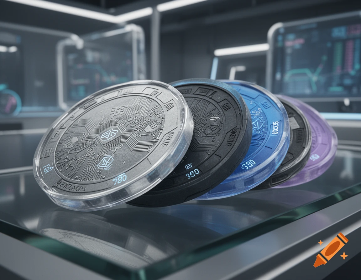 Close-up photorealistic shot of futuristic currency chips with circuit board designs on a glass surface in a sci-fi lab setting.