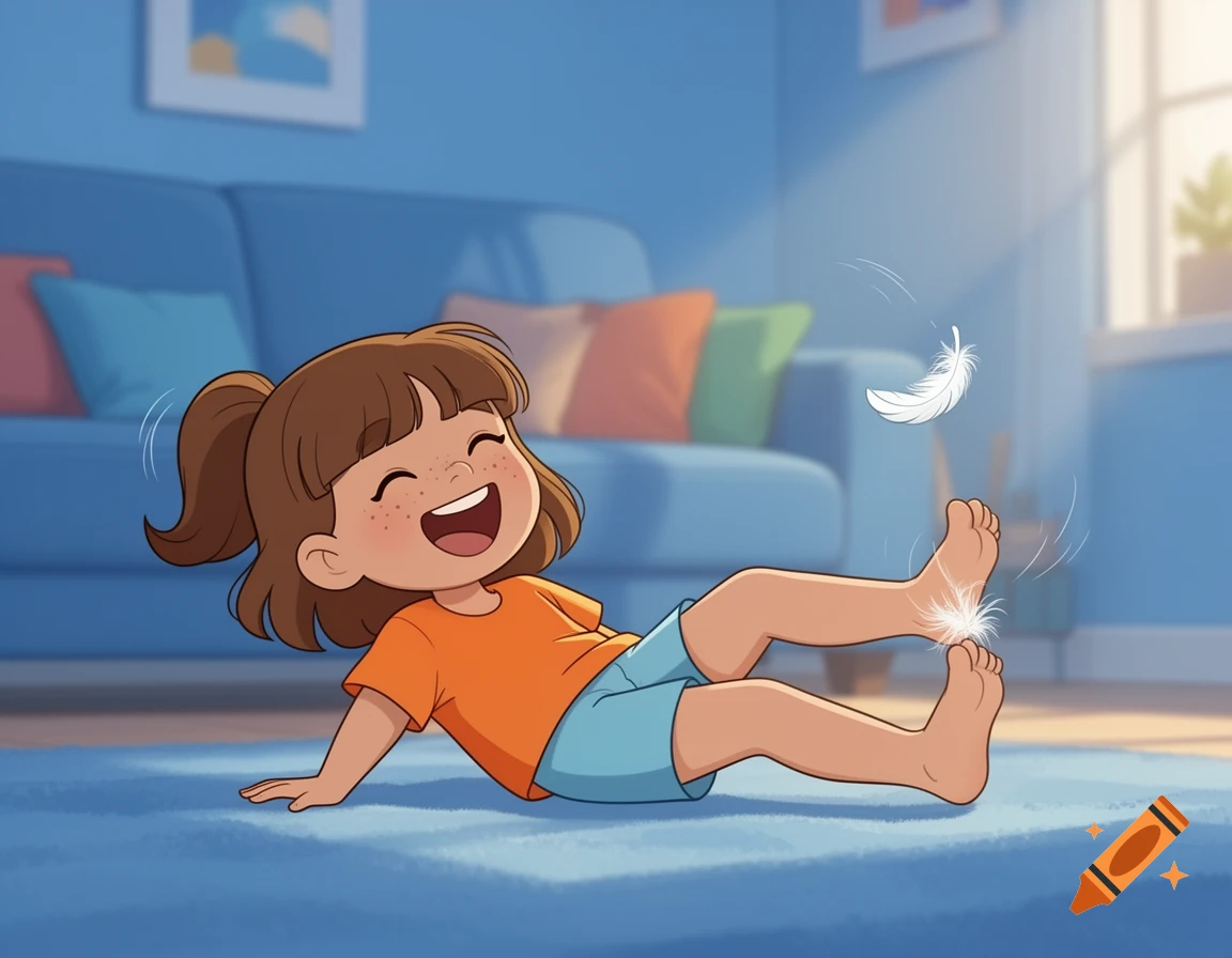 2D digital cartoon illustration of a smiling little girl with light brown hair in a ponytail and freckles, kicking her feet on a blue living room rug as a feather floats nearby.