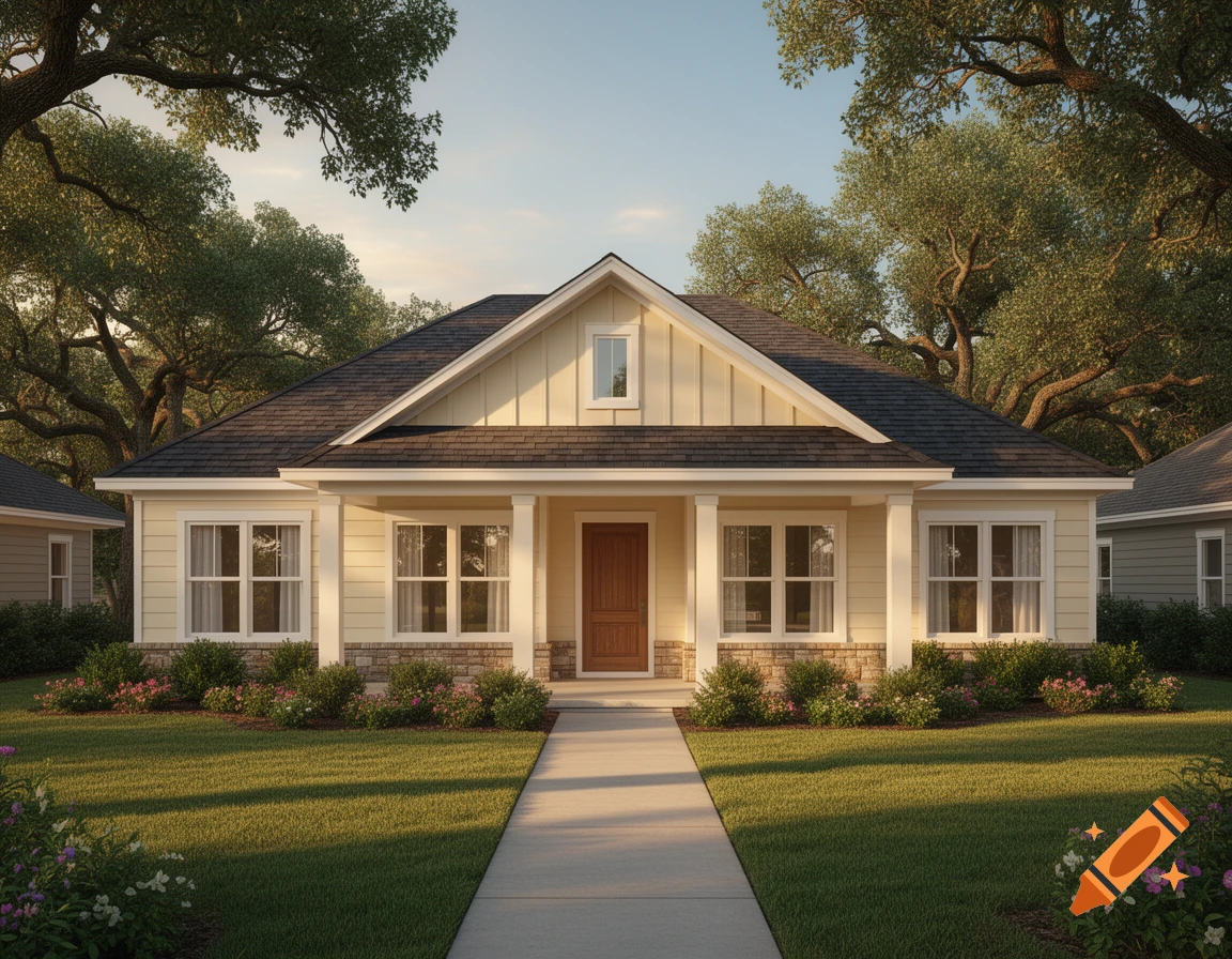 Photorealistic image of a new southern cottage ranch home with yellow siding, a stone foundation, and a concrete walkway.