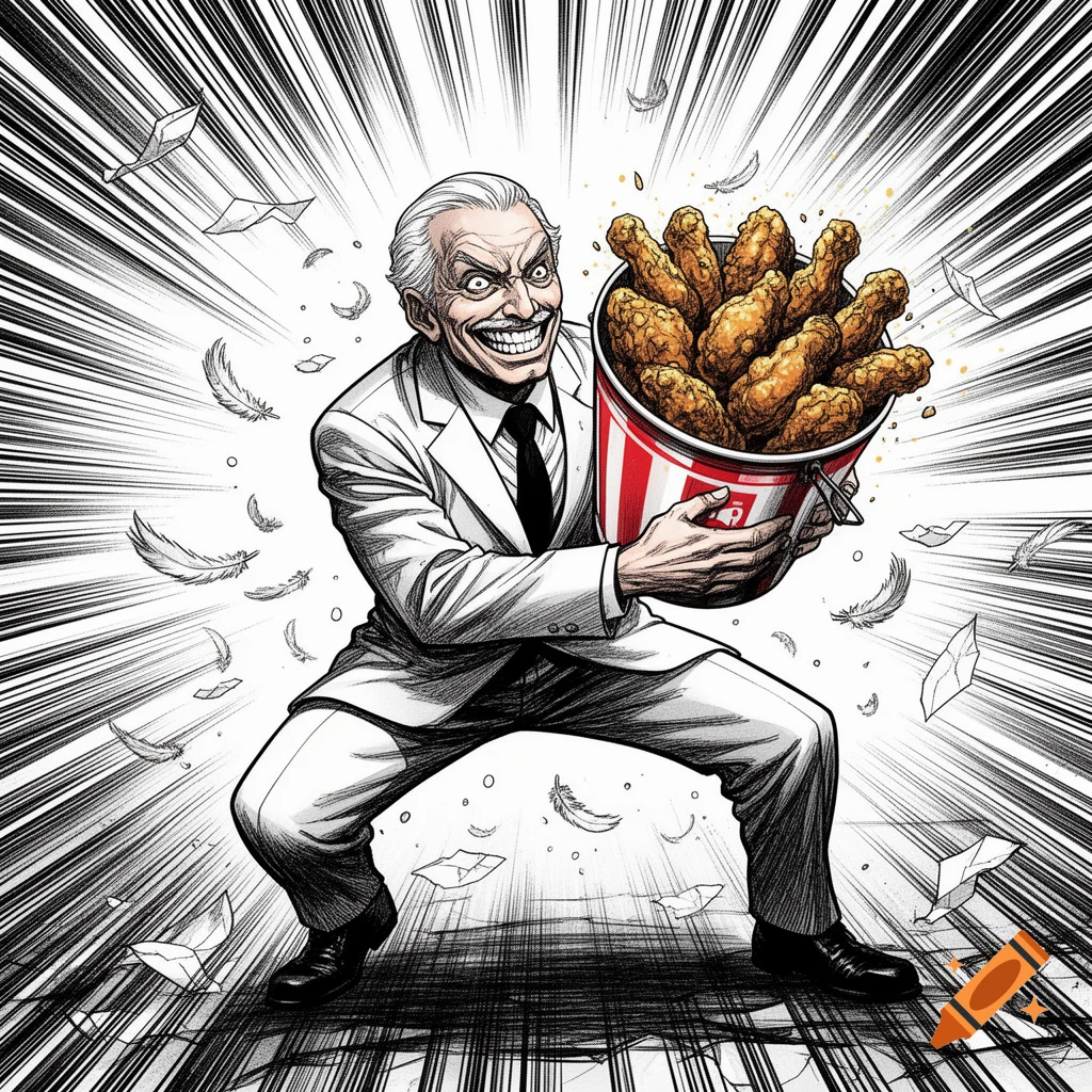 Manga style illustration of Colonel Sanders with an intense rictus grin, crouching and holding a bucket of fried chicken amidst dynamic speedlines.