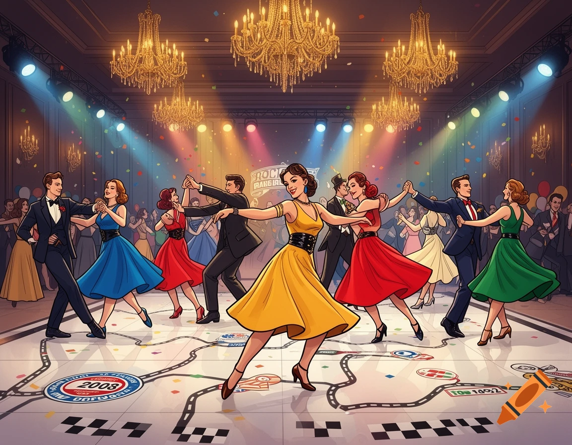 Retro illustration of multiple couples dancing swing or rock in a grand ballroom with chandeliers and colorful stage lights.