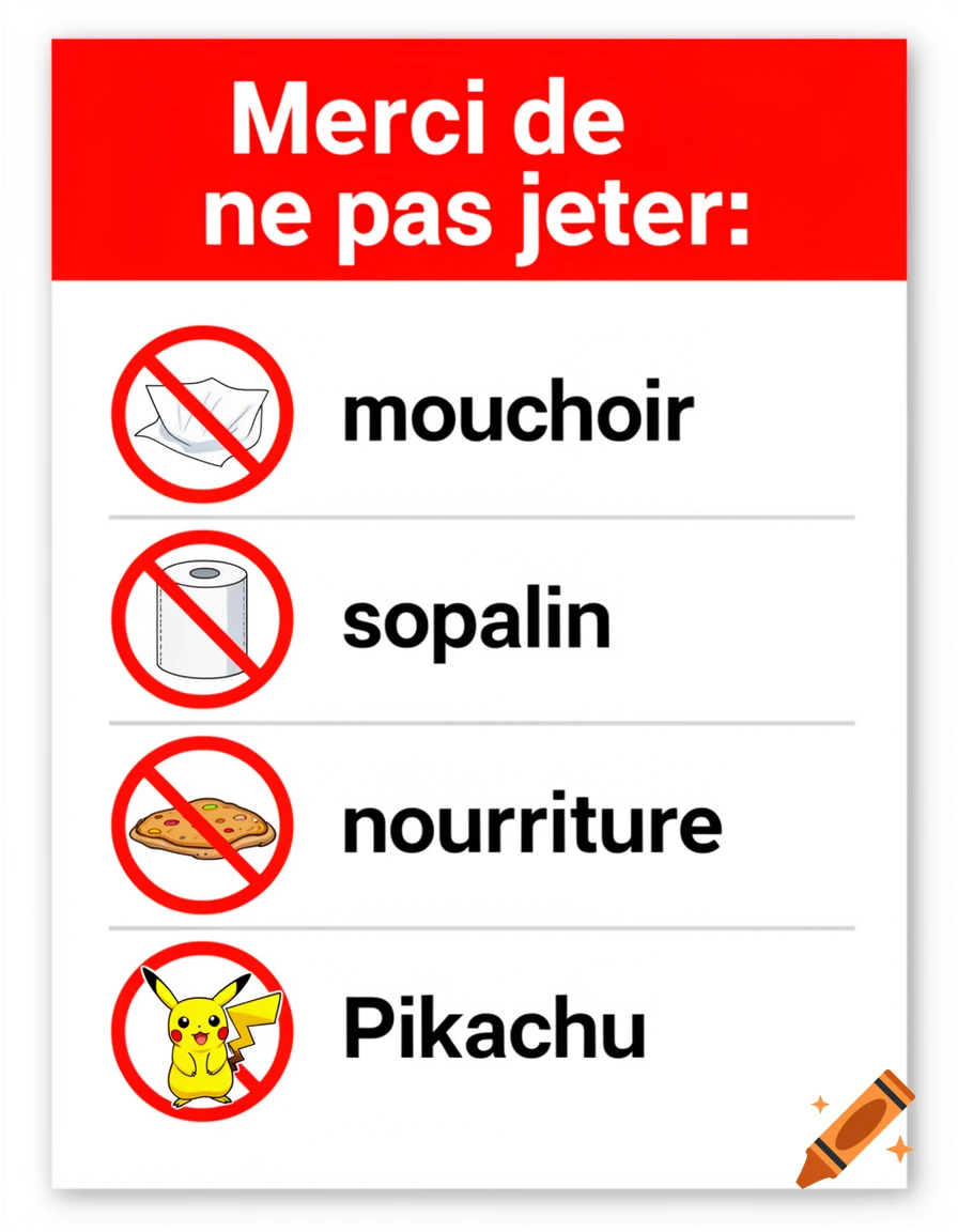 A French recycling sign listing prohibited items with corresponding crossed-out icons including a tissue, paper towel, food, and Pikachu.