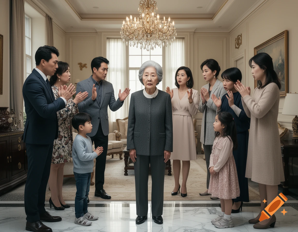 An elderly woman stands in the center of a luxury living room while several family members surround her with serious expressions.