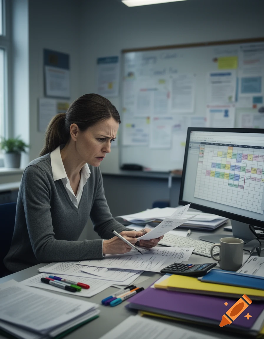 Photorealistic image of a stressed female school principal at a desk working on a schedule in an office.