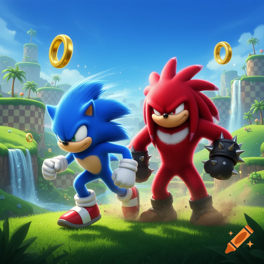 3D digital illustration of Sonic the Hedgehog and Knuckles running through Green Hill Zone.