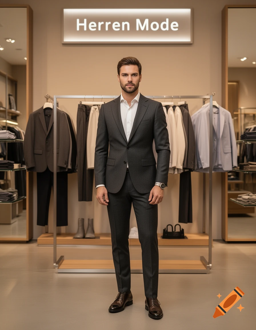 Photorealistic image of a well-dressed man in a dark suit standing inside a modern clothing store with racks of clothes and a sign reading Herren Mode.