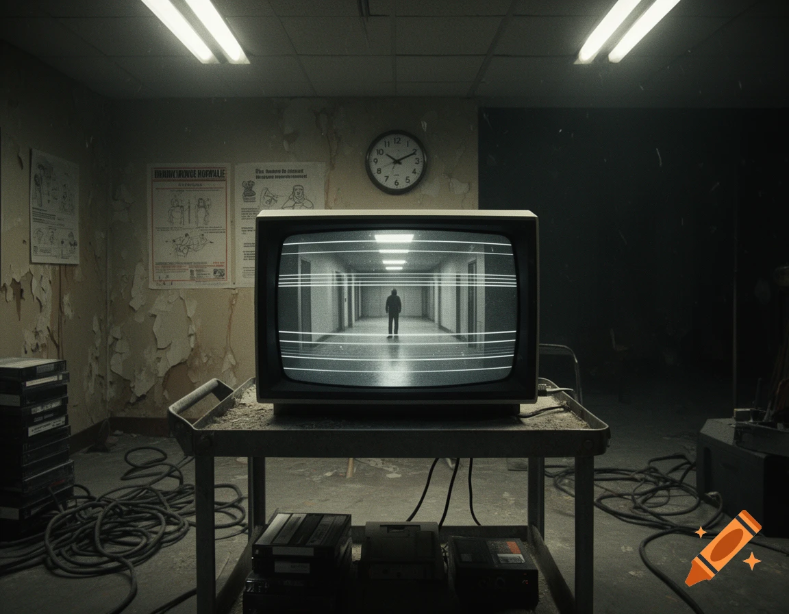 An old CRT television displaying a dark hallway with a silhouetted figure, in a dimly lit, weathered room.