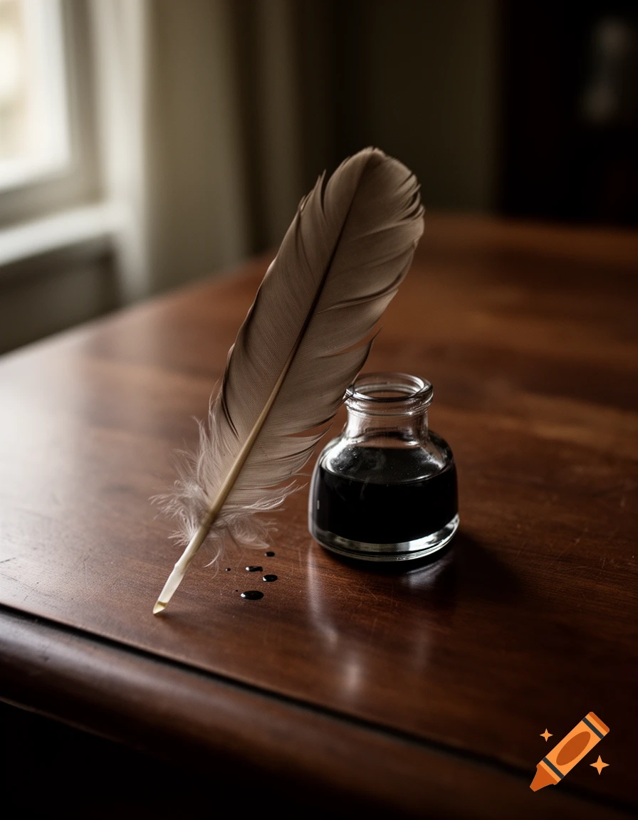 Photorealistic close-up of a quill pen resting next to a glass inkwell on a dark wooden table near a window.