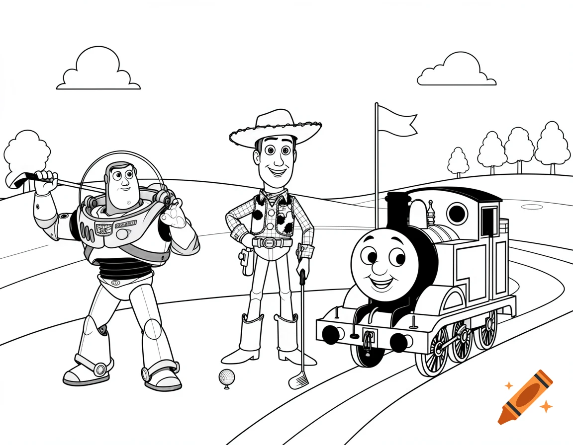 Black and white coloring page featuring Buzz Lightyear, Woody, and Thomas the Train on a golf course.