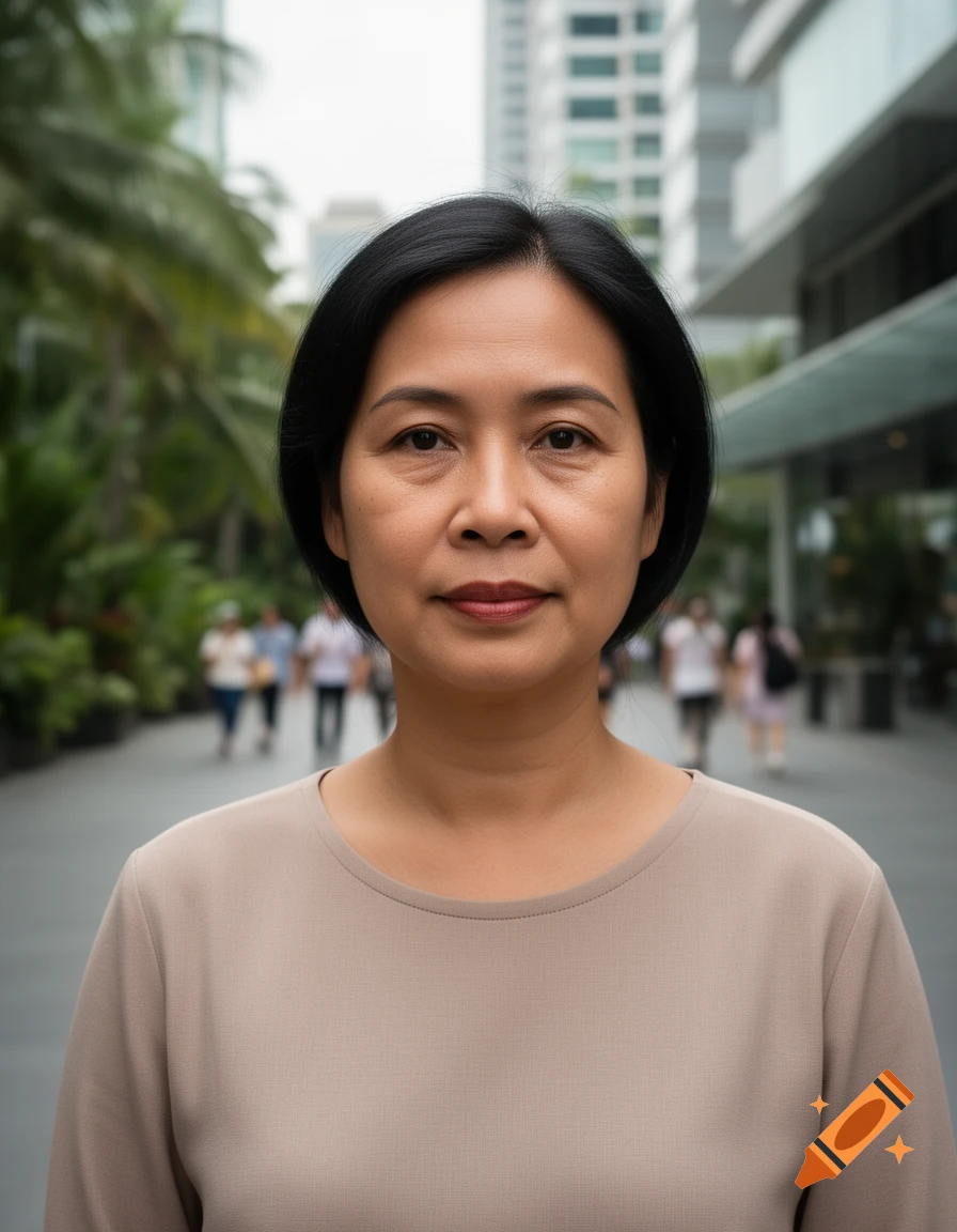 Photorealistic portrait of a middle-aged woman with short black hair standing outdoors in a city street.