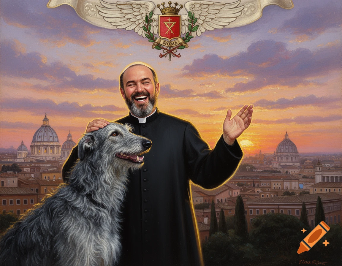 Oil painting of a smiling priest in a black cassock with an Irish Wolfhound, Rome sunset background and coat of arms.