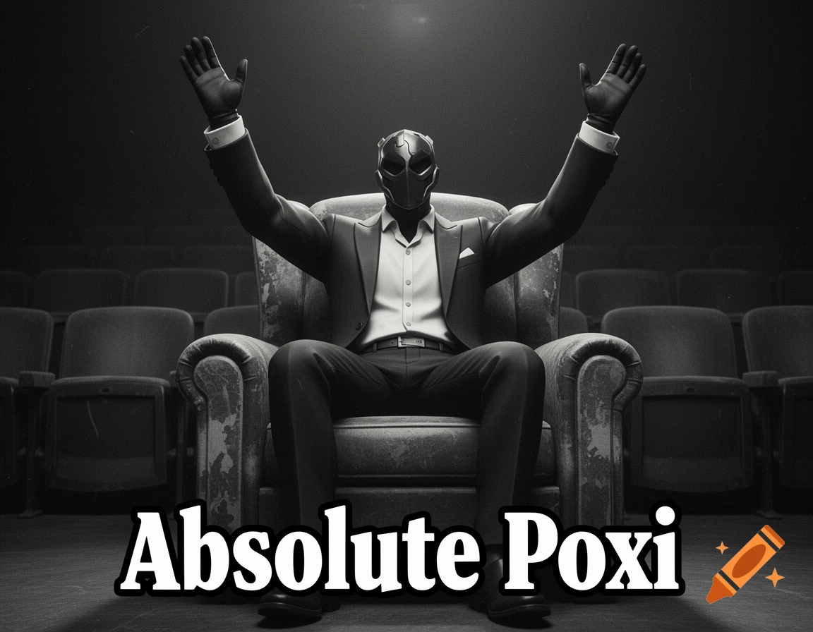 Chaos Agent Fortnite skin sitting in an armchair in a cinema with arms raised, text at the bottom reads Absolute Poxi