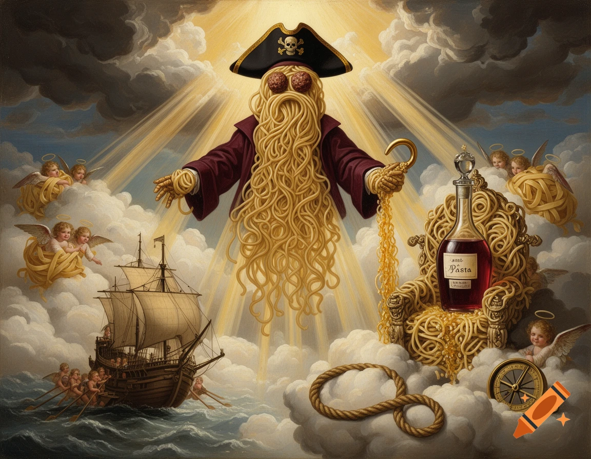 Renaissance-style oil painting of the Flying Spaghetti Monster as a pirate captain in the clouds, with cherubs, a ship, and a wine decanter.