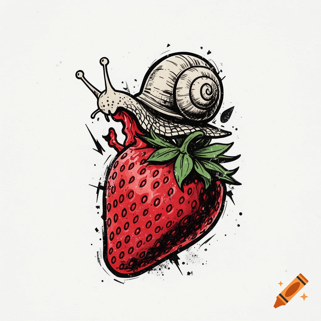 Punk style vector illustration of a snail eating a large red strawberry on a white background.