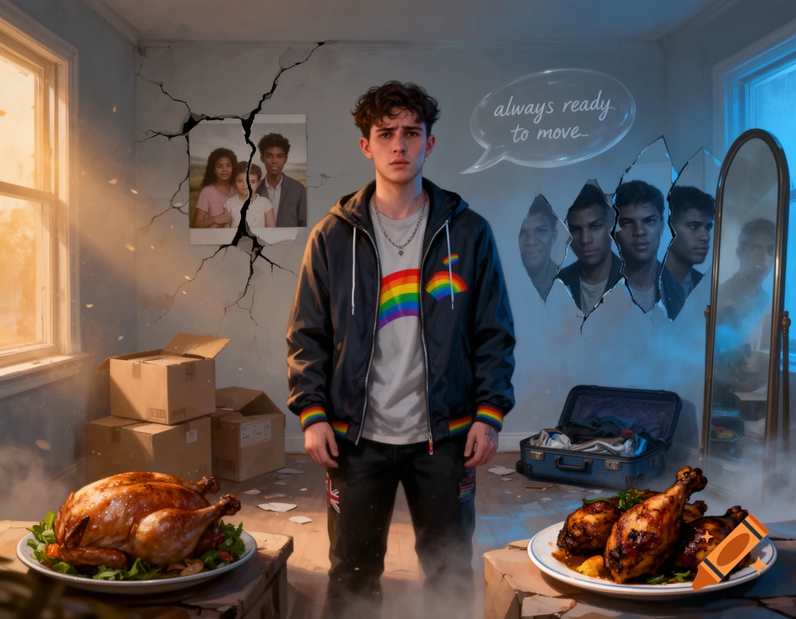 A young queer man stands in a cracked room with moving boxes, roast chicken dishes, and multiple reflections in mirrors and walls.