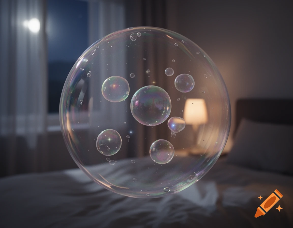 A large translucent dream bubble containing smaller floating bubbles, glowing against a dark bedroom background at night.