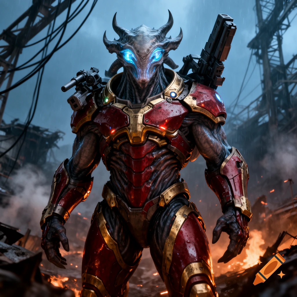 A detailed digital painting of an imposing alien-cyborg warrior in red and gold armor standing in a ruined industrial setting with glowing blue eyes.