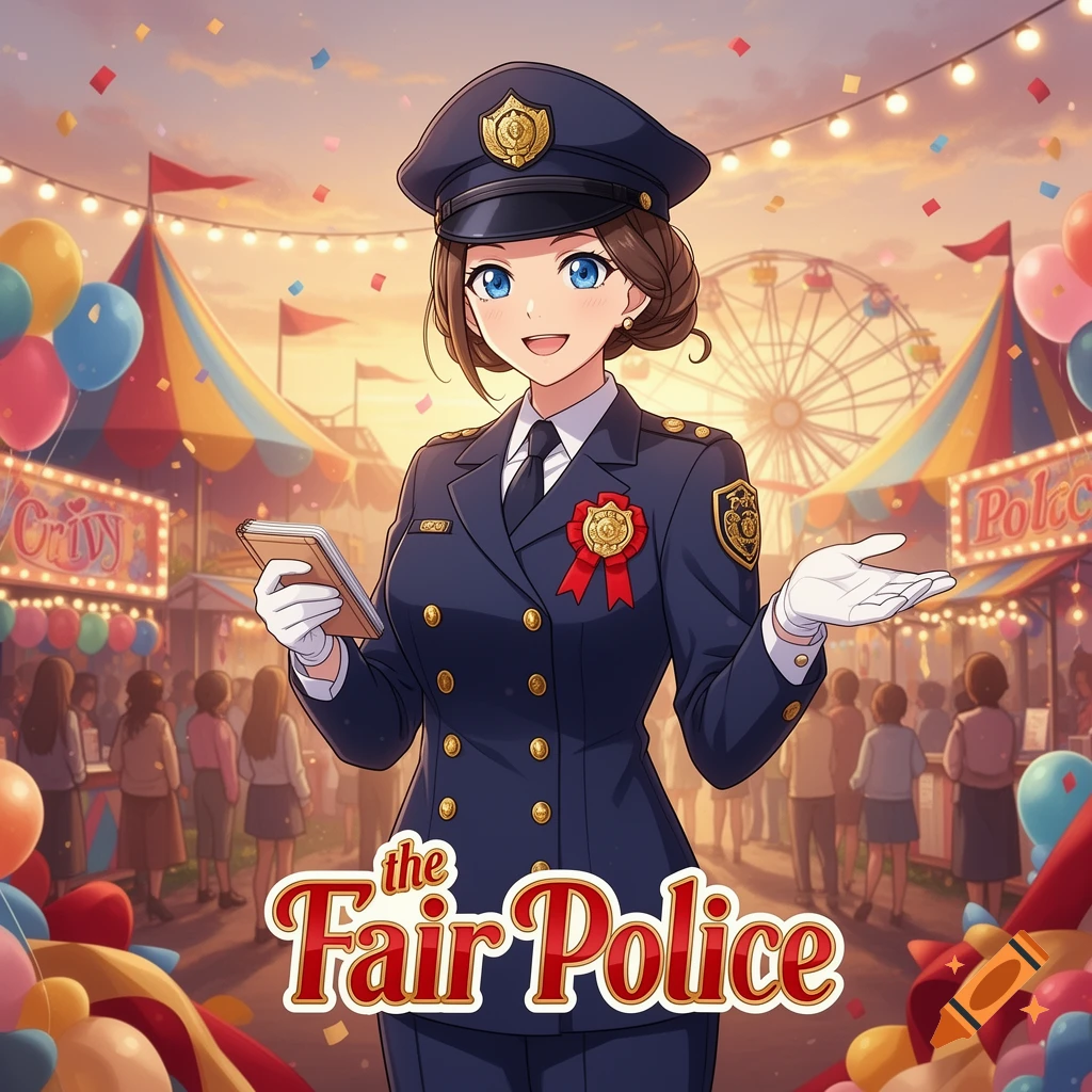 Anime style illustration of a smiling female police officer holding a notepad and gesturing at a fairground.