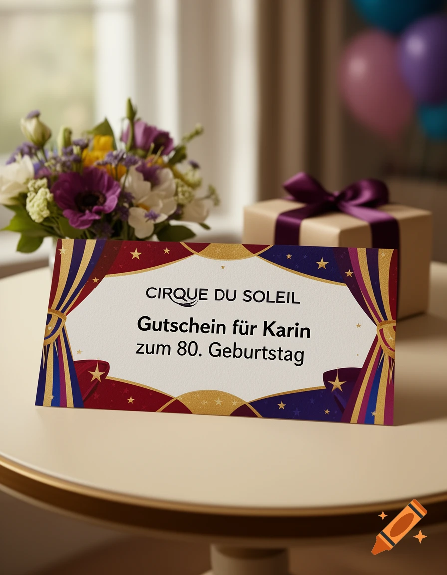 A gift card for a Cirque du Soleil show celebrating an 80th birthday, placed on a table with flowers and a gift box.