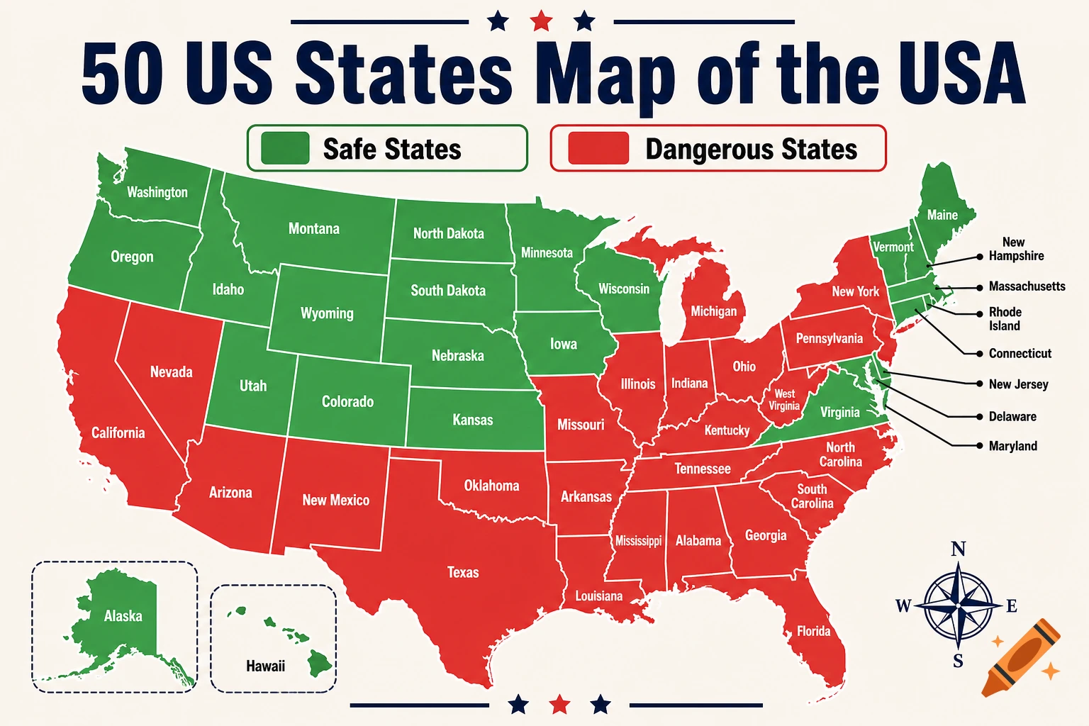 Map of the USA showing 50 states highlighted in green and red with state names.