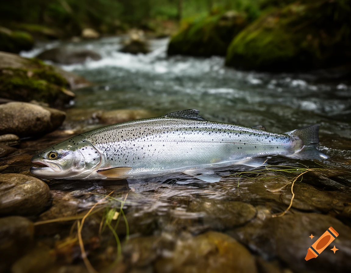 Photorealistic image of a salmon resting in a shallow, rocky stream with a blurry green background.