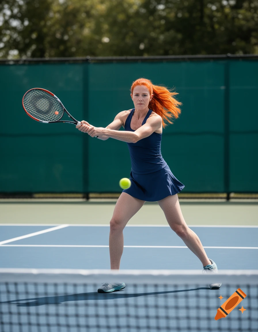 Photorealistic image of a woman with bright red hair wearing a blue tennis dress and swinging a racket on a tennis court.