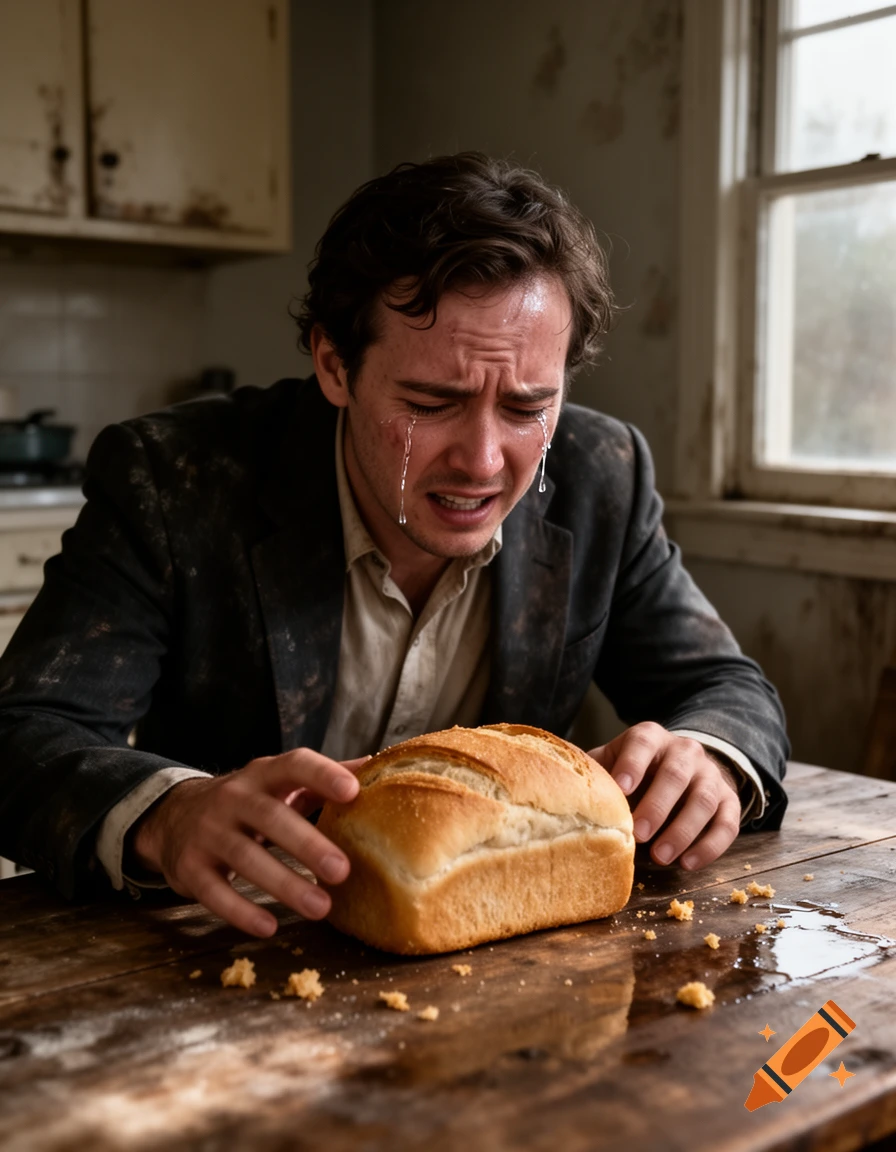 A distraught man in a suit crying intensely while looking down at a loaf of bread on a rustic wooden table.