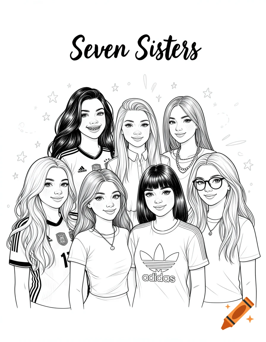 Black and white line art coloring page of seven smiling young women together, with the heading Seven Sisters.