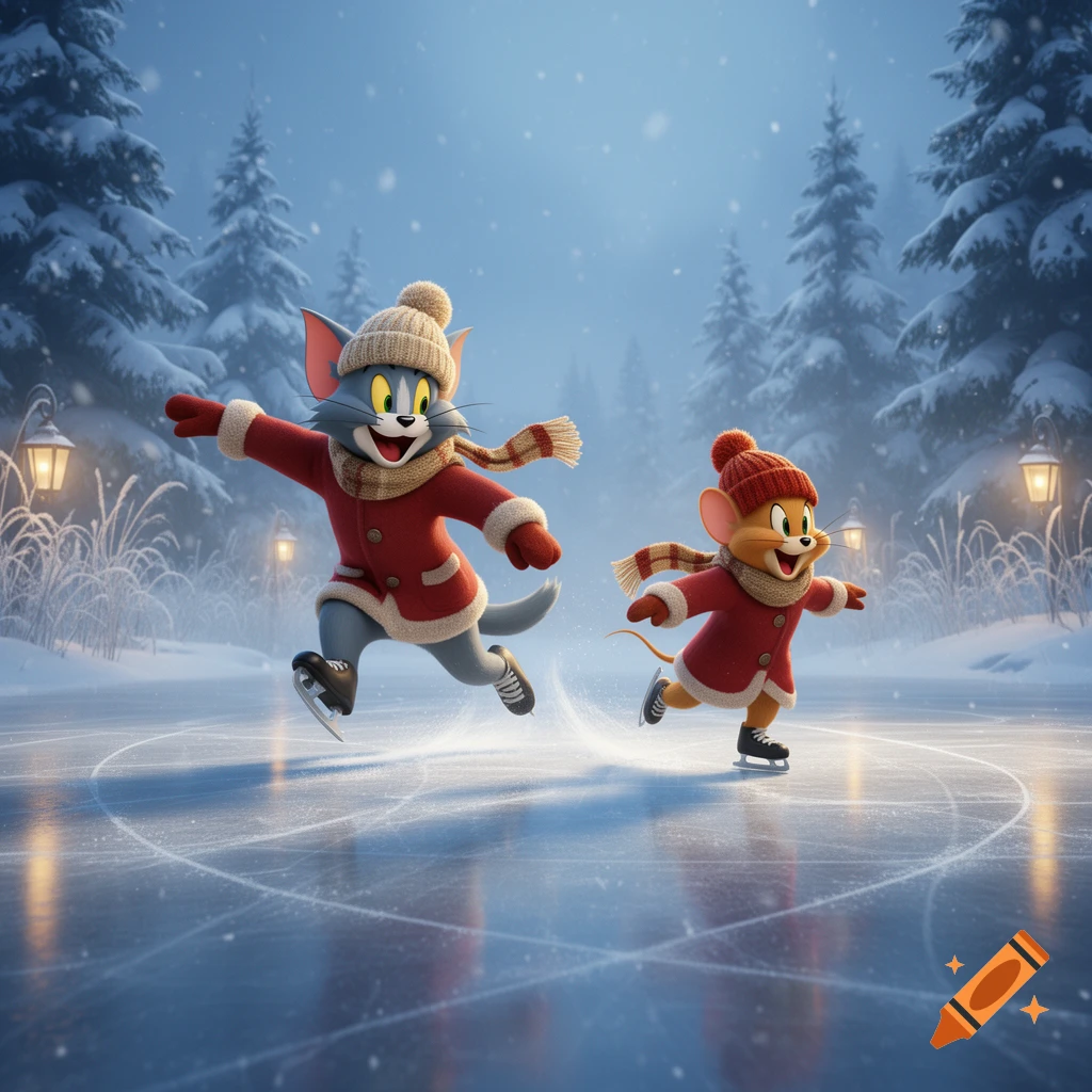 Tom and Jerry wearing winter coats, scarves, and hats, ice skating on a frozen lake in a snowy forest.