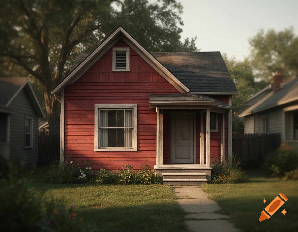 Photorealistic image of a small red wooden house with a porch and white window trim in a suburban neighborhood.