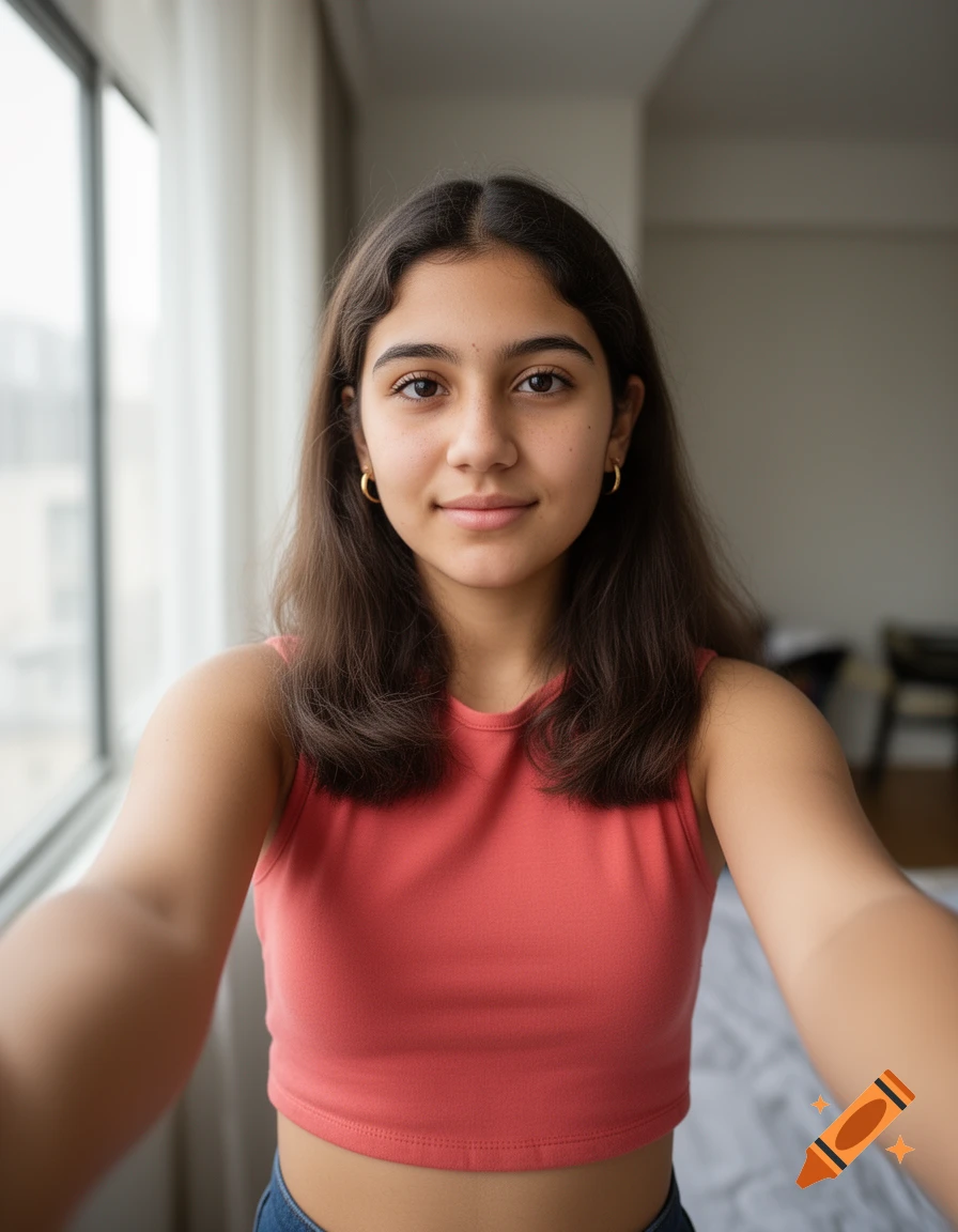 Photorealistic selfie of a teenage hispanic woman with dark hair, a red crop top, and hoop earrings standing near a window.