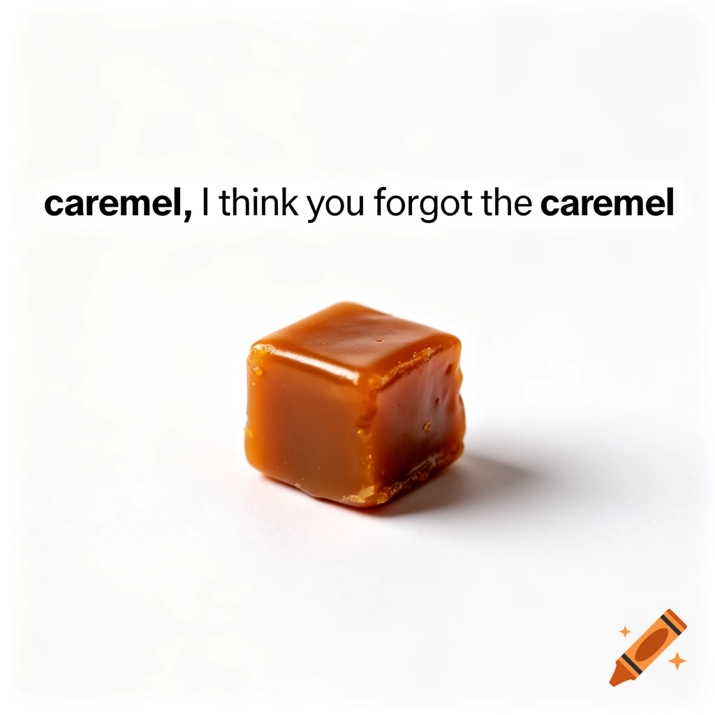 A single caramel cube centered on a white background with the text 'caremel, I think you forgot the caremel' above it.