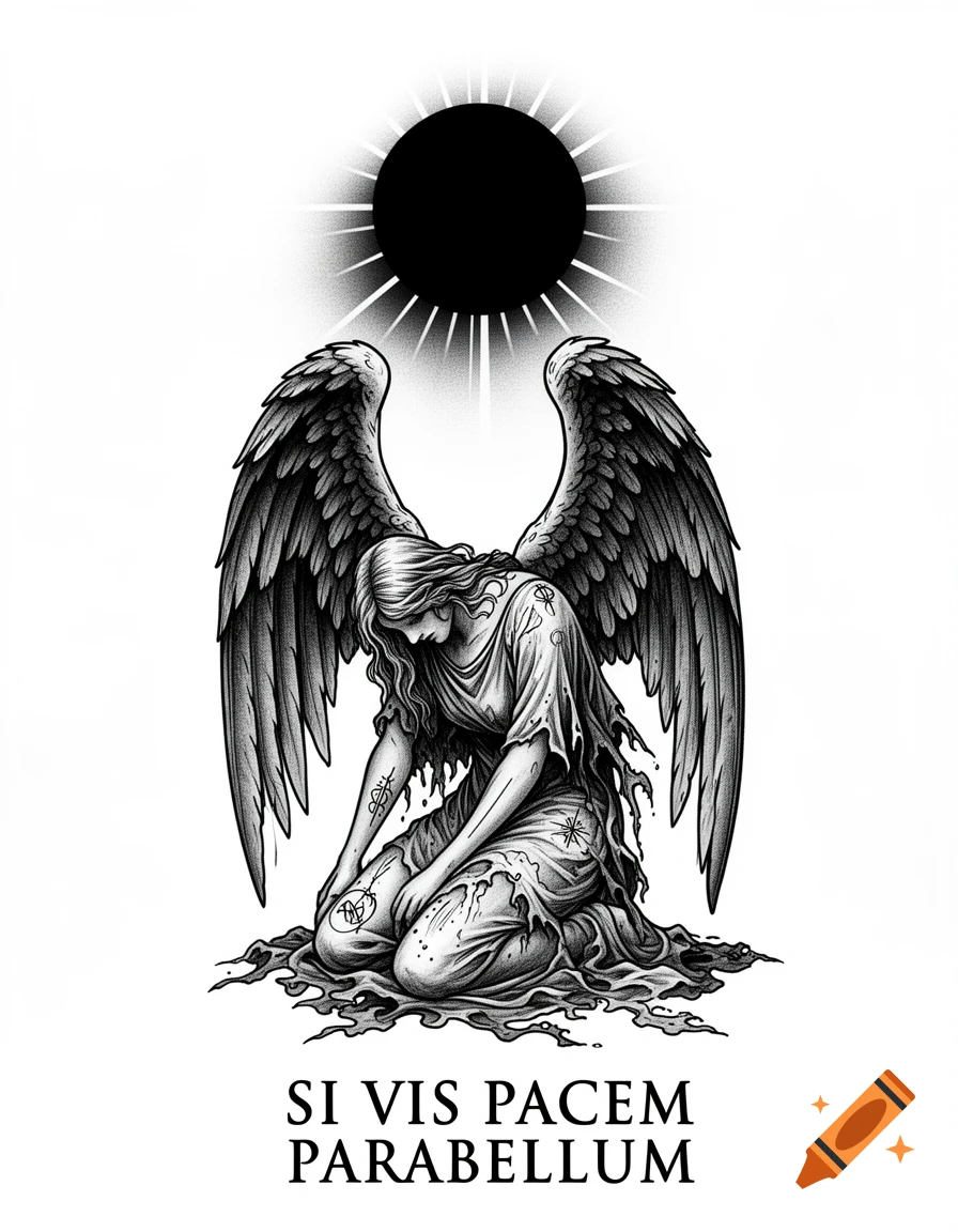 Detailed black and white illustration of a fallen angel kneeling under a black sun, with Latin text at the bottom.