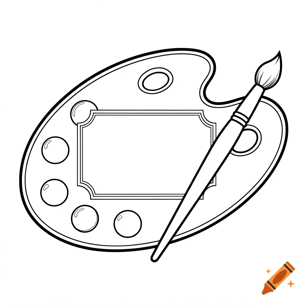 Black and white line art coloring page of a paint palette with bubbles and a brush.