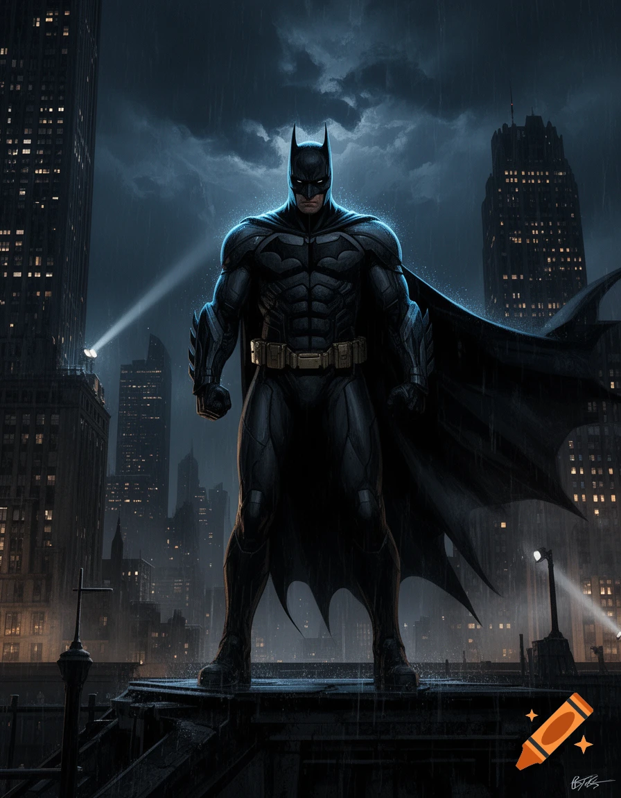 Batman standing on a rooftop in a dark, rainy city with skyscrapers in the background, cinematic digital art style.