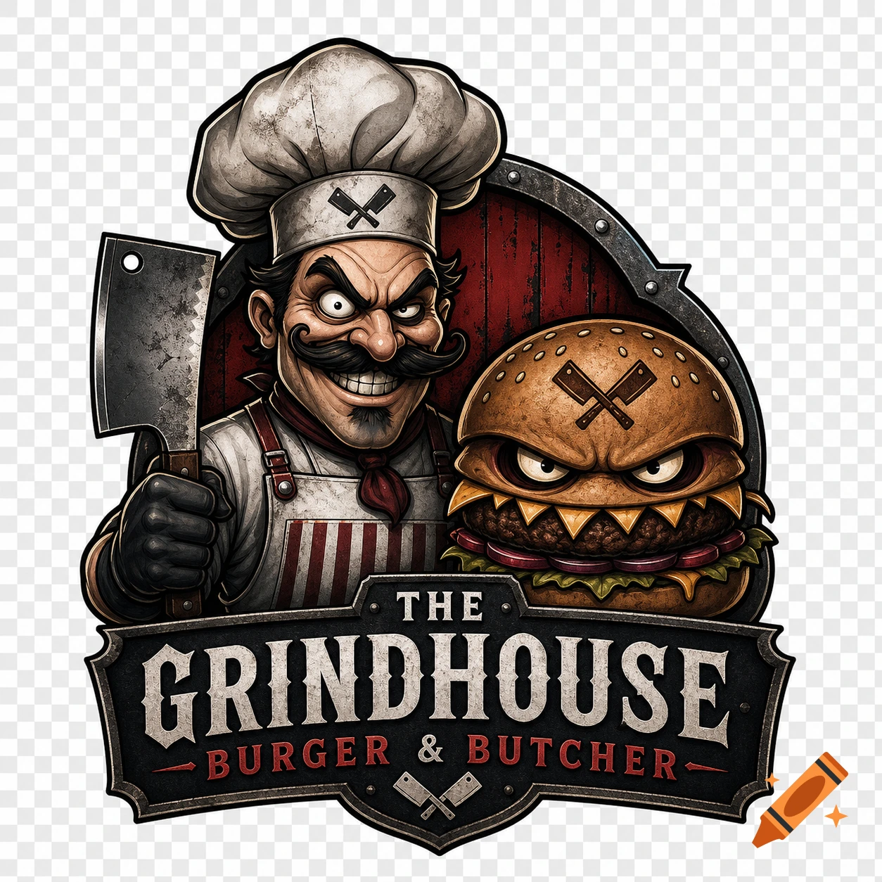 Digital logo featuring a menacing butcher and an angry burger with the text THE GRINDHOUSE BURGER & BUTCHER.