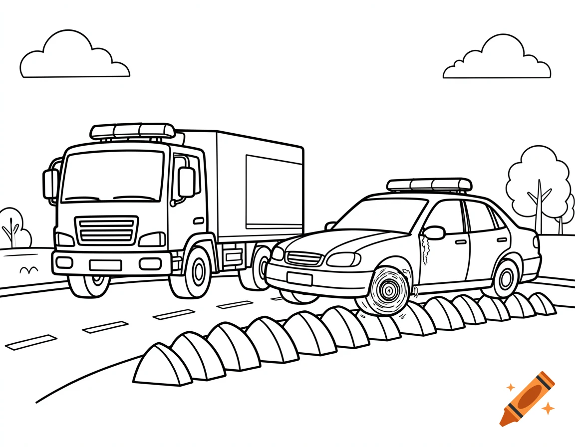 Black and white coloring page of a police truck and car blocking a road with tire spikes, and a car with a flat tire.