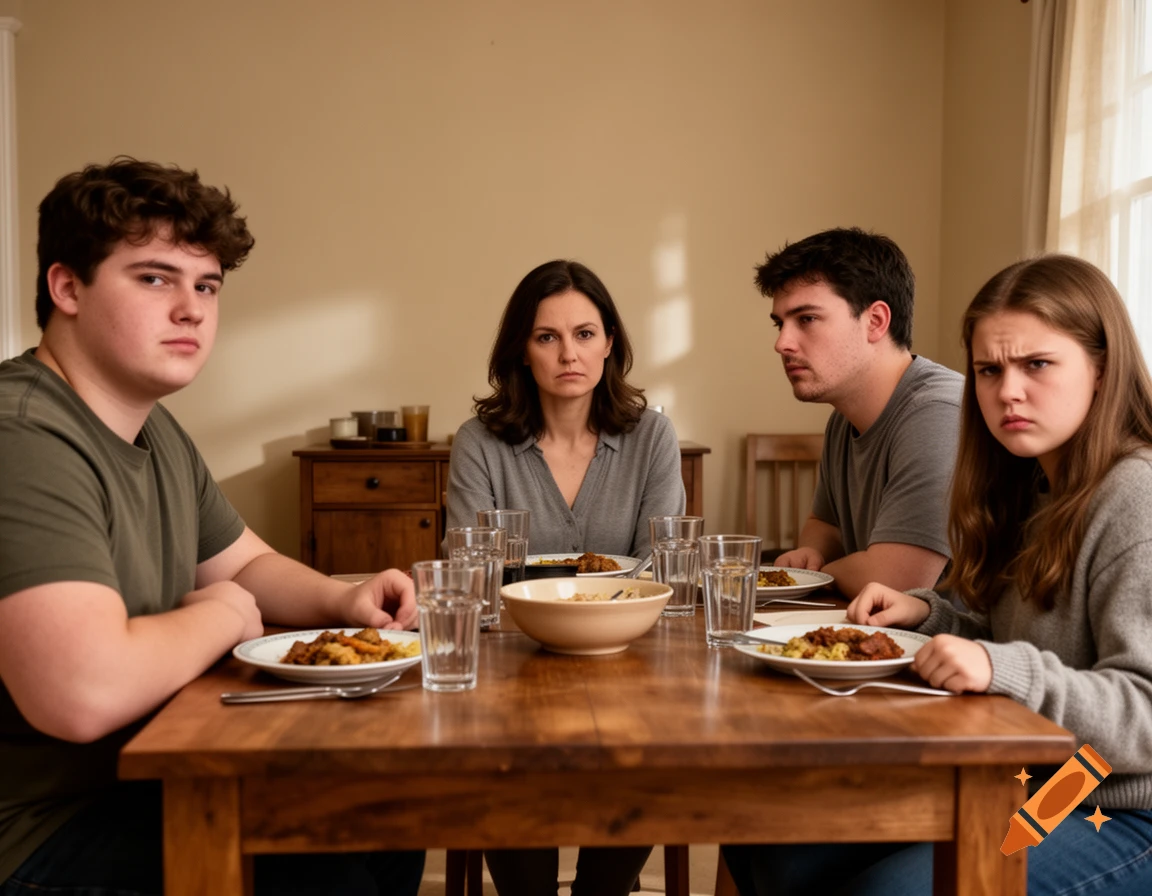 Photorealistic image of a family of four sitting around a wooden dining table, eating meals and looking seriously at the camera.