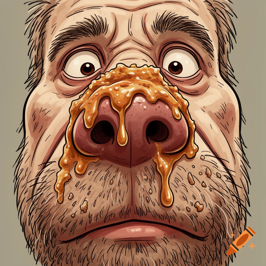 Close-up cartoon illustration of a face with a wet, glossy nose and dripping greasy paté.